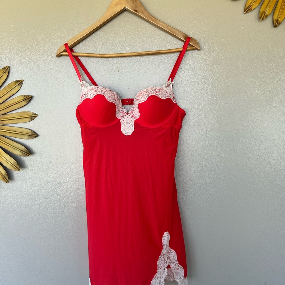 Victoria's Secret Red Chemise with White Lace. Underwire pushup bra style